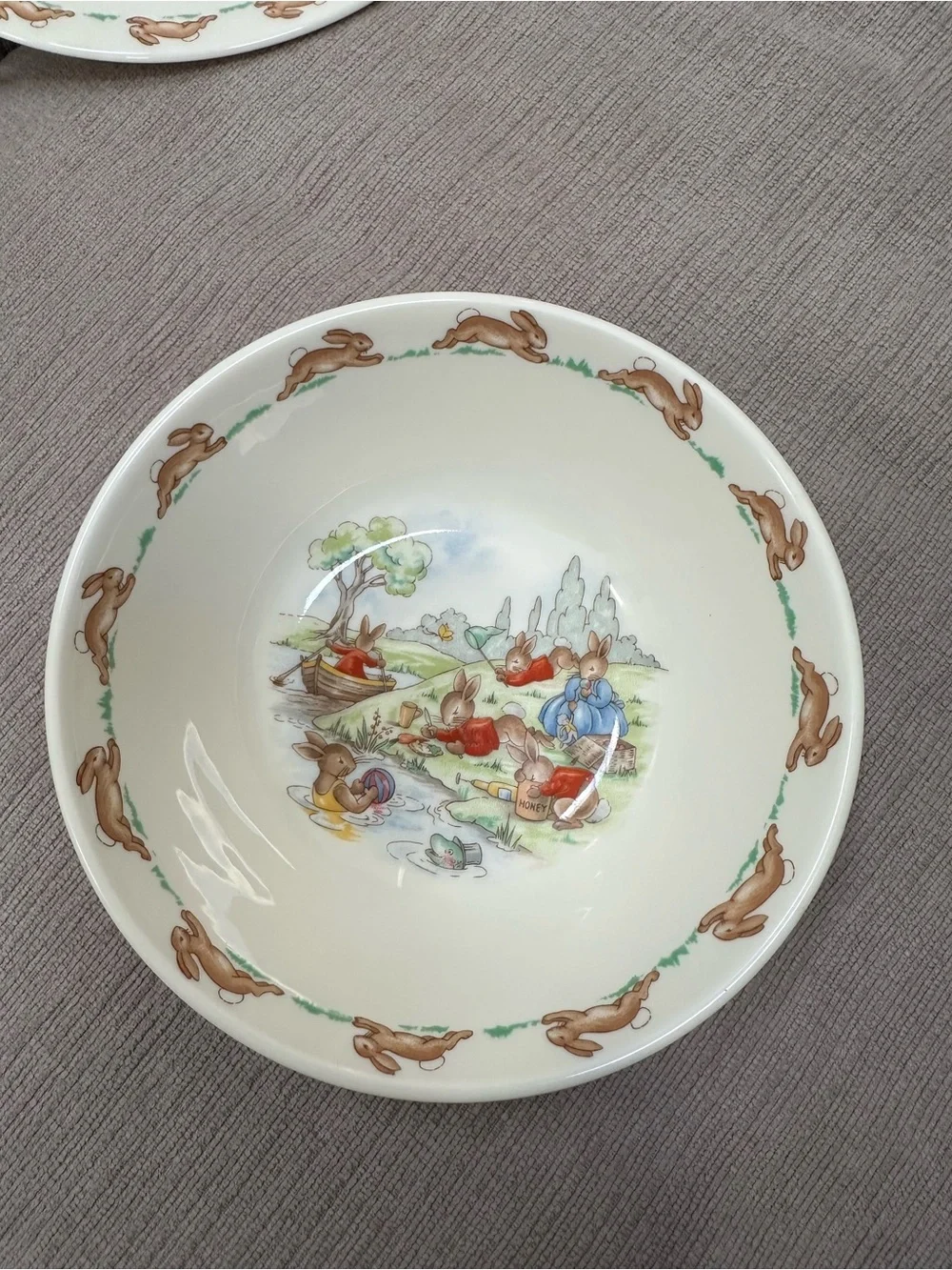 Royal Doulton Bunnykins White Plate with Gold Crest and Brown/Red Motif